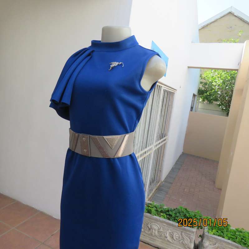 TRIBAL CHIC royal blue slip over size 36 stretch polyester dress. Right shoulder with pleated frill