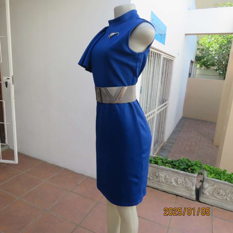 TRIBAL CHIC royal blue slip over size 36 stretch polyester dress. Right shoulder with pleated frill