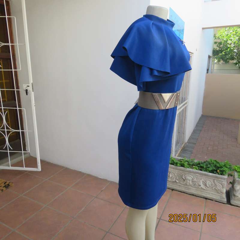 TRIBAL CHIC royal blue slip over size 36 stretch polyester dress. Right shoulder with pleated frill