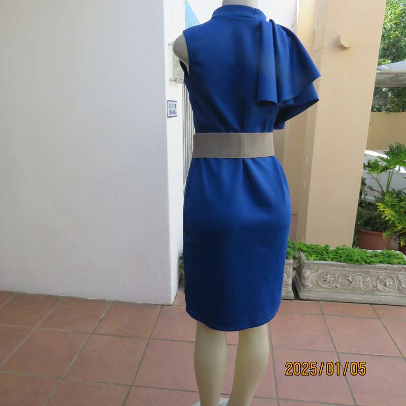 TRIBAL CHIC royal blue slip over size 36 stretch polyester dress. Right shoulder with pleated frill