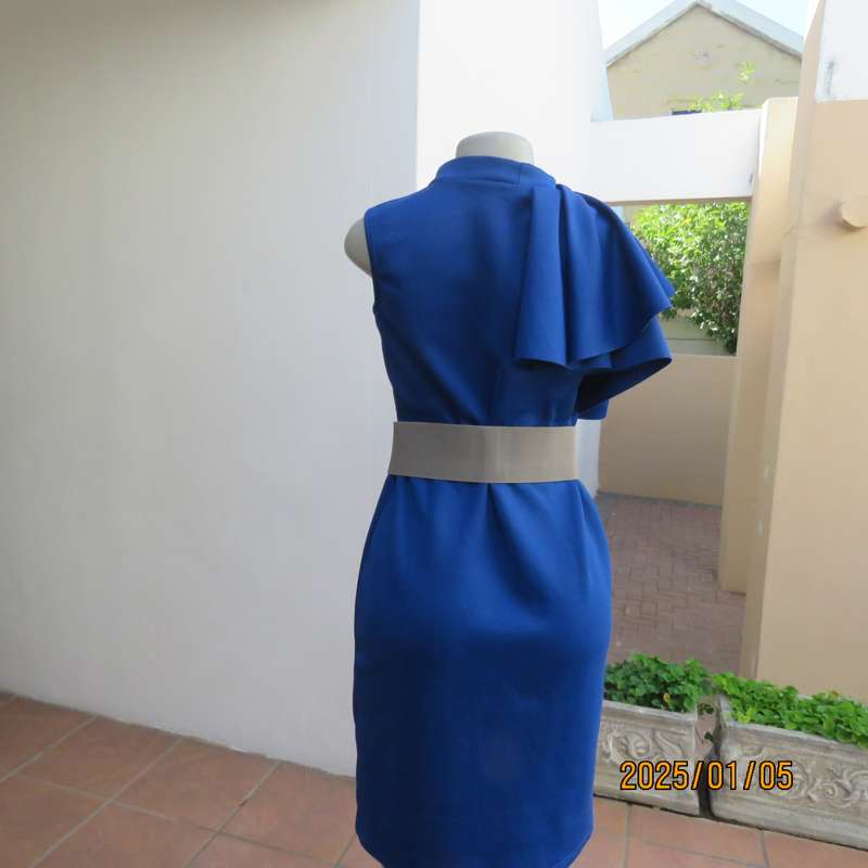 TRIBAL CHIC royal blue slip over size 36 stretch polyester dress. Right shoulder with pleated frill