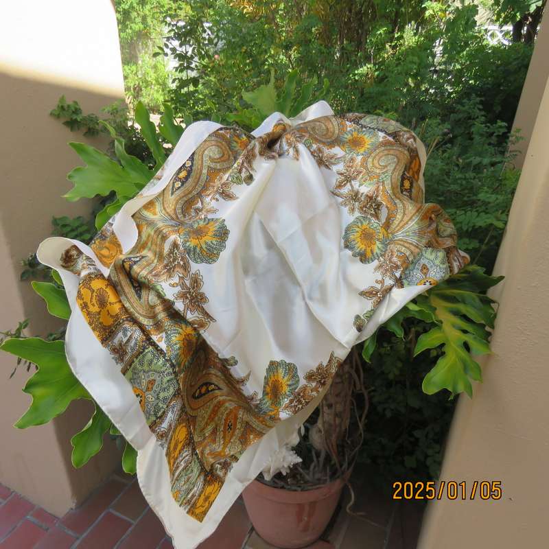 Fabulous rich cream silky polyester square scarf 90cm x 90cm.Autumn colour paisley and bo-ho pattern