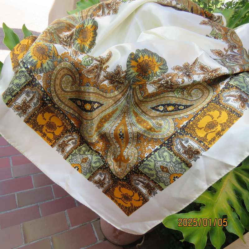 Fabulous rich cream silky polyester square scarf 90cm x 90cm.Autumn colour paisley and bo-ho pattern