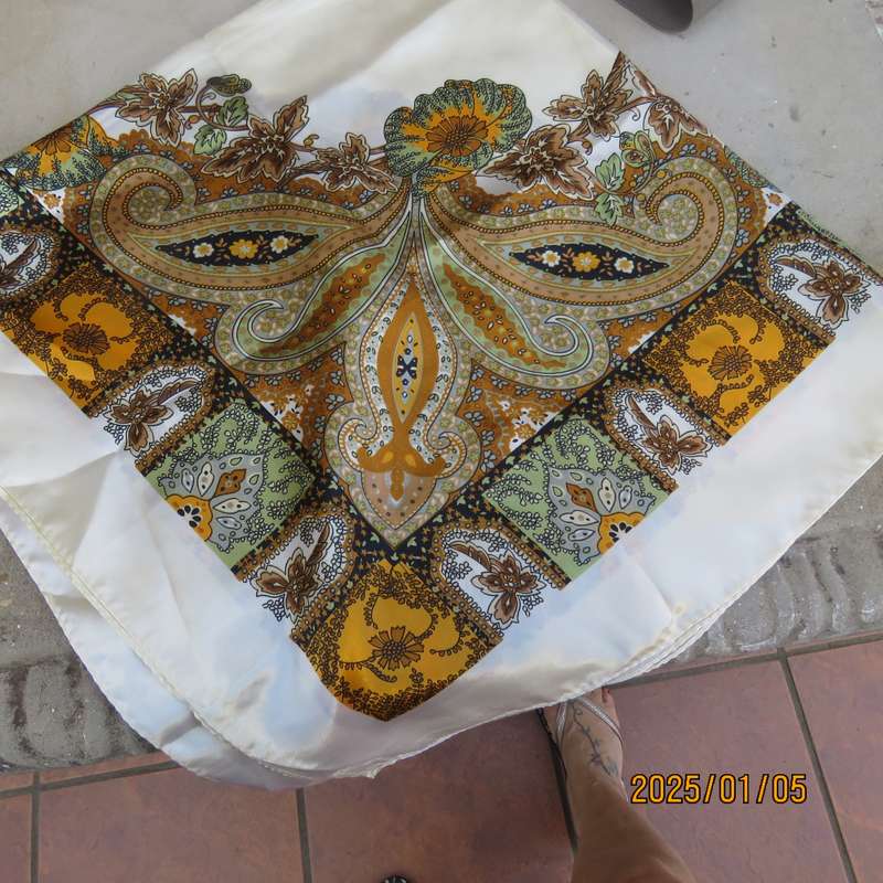 Fabulous rich cream silky polyester square scarf 90cm x 90cm.Autumn colour paisley and bo-ho pattern