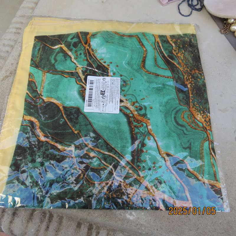 Soft polyester square 67cmx67cm scarf marble patterned in greens with gold colour edges and designs.