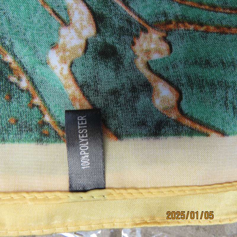 Soft polyester square 67cmx67cm scarf marble patterned in greens with gold colour edges and designs.