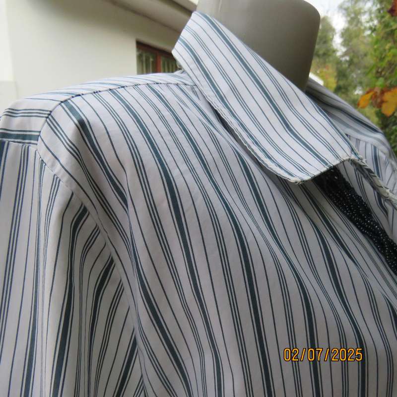 MYMODE long sleeve white-navy vertical striped poly-rayon stretch shirt. Size 40. From India