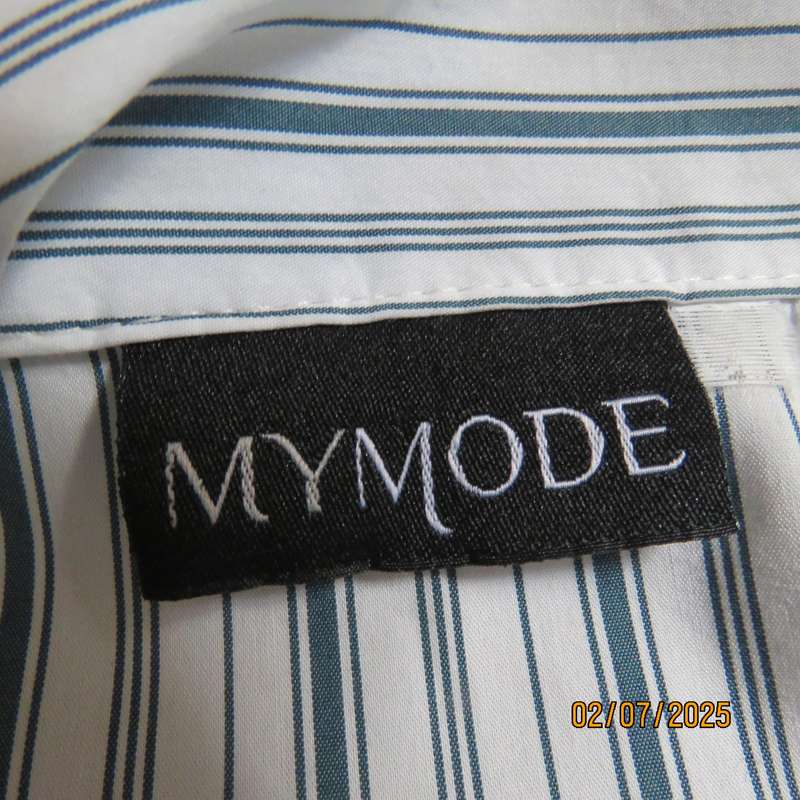 MYMODE long sleeve white-navy vertical striped poly-rayon stretch shirt. Size 40. From India