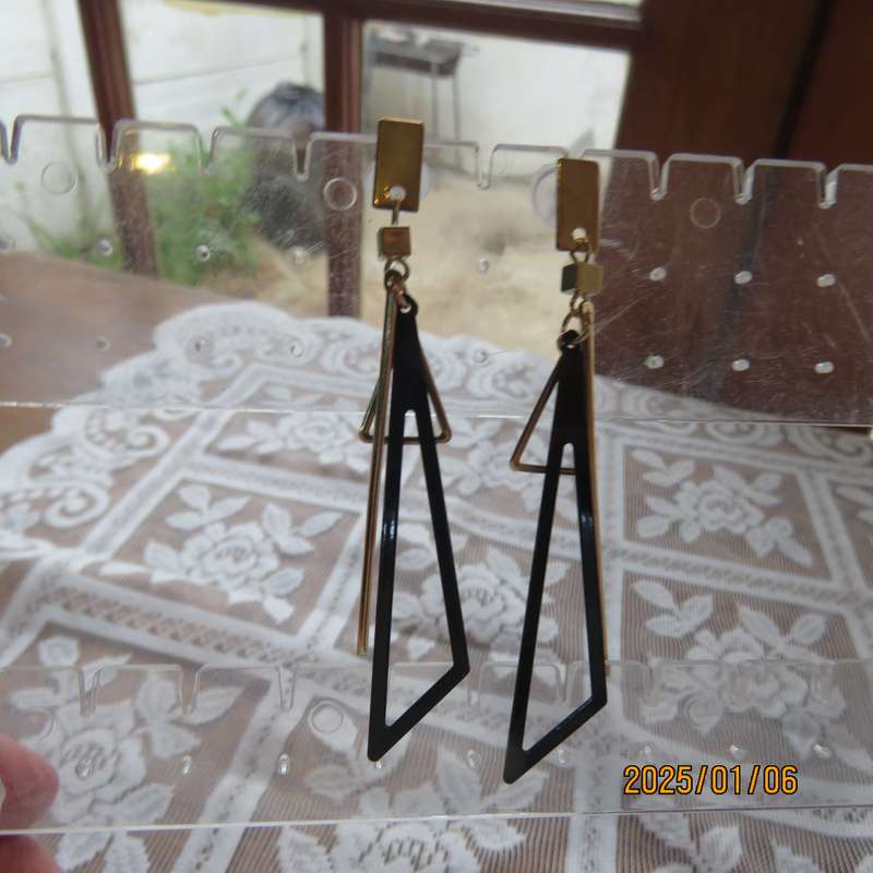 Pair long dainty black and gold triangle earrings. 7cm long New item.