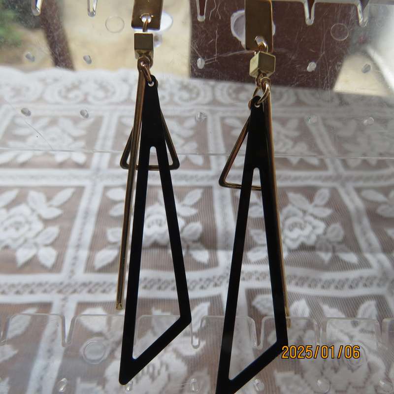 Pair long dainty black and gold triangle earrings. 7cm long New item.