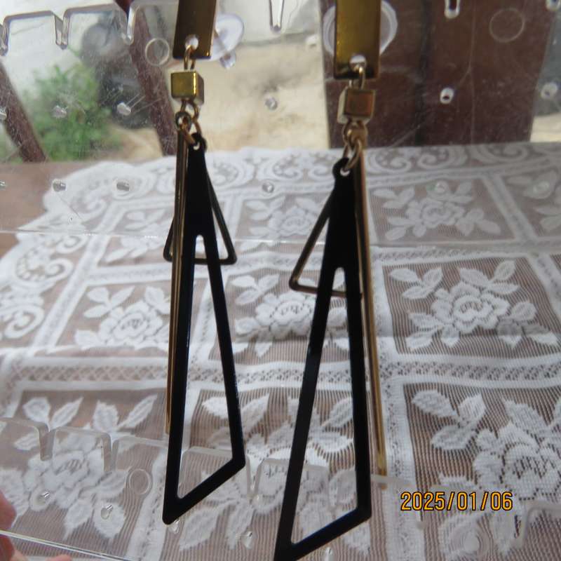 Pair long dainty black and gold triangle earrings. 7cm long New item.