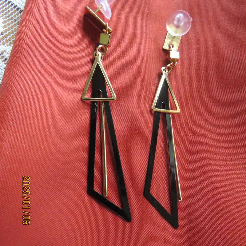 Pair long dainty black and gold triangle earrings. 7cm long New item.