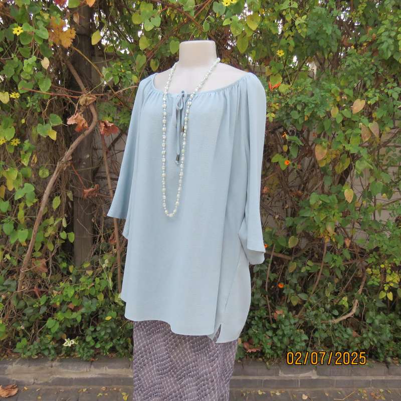 DONNA CLAIRE pale jade slip over textured polyester top. Wide elasticated neckline. Size 50