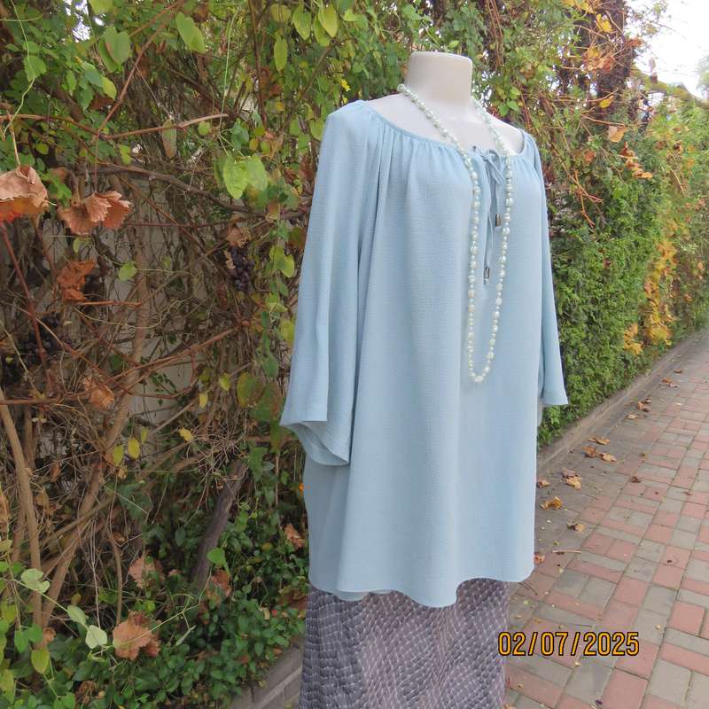 DONNA CLAIRE pale jade slip over textured polyester top. Wide elasticated neckline. Size 50