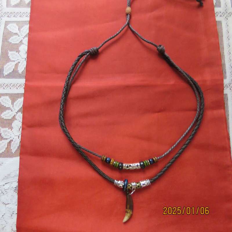 Stunning Men's ethnic necklace with double string -tooth-beads and other decoration. Adjustable. New