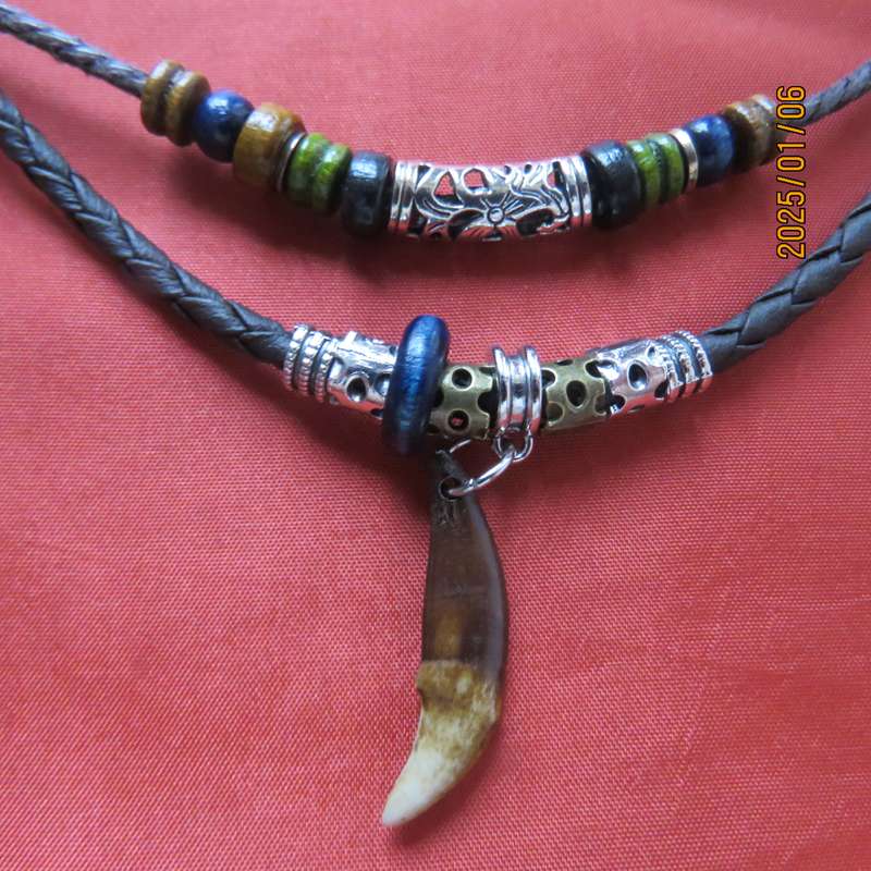 Stunning Men's ethnic necklace with double string -tooth-beads and other decoration. Adjustable. New