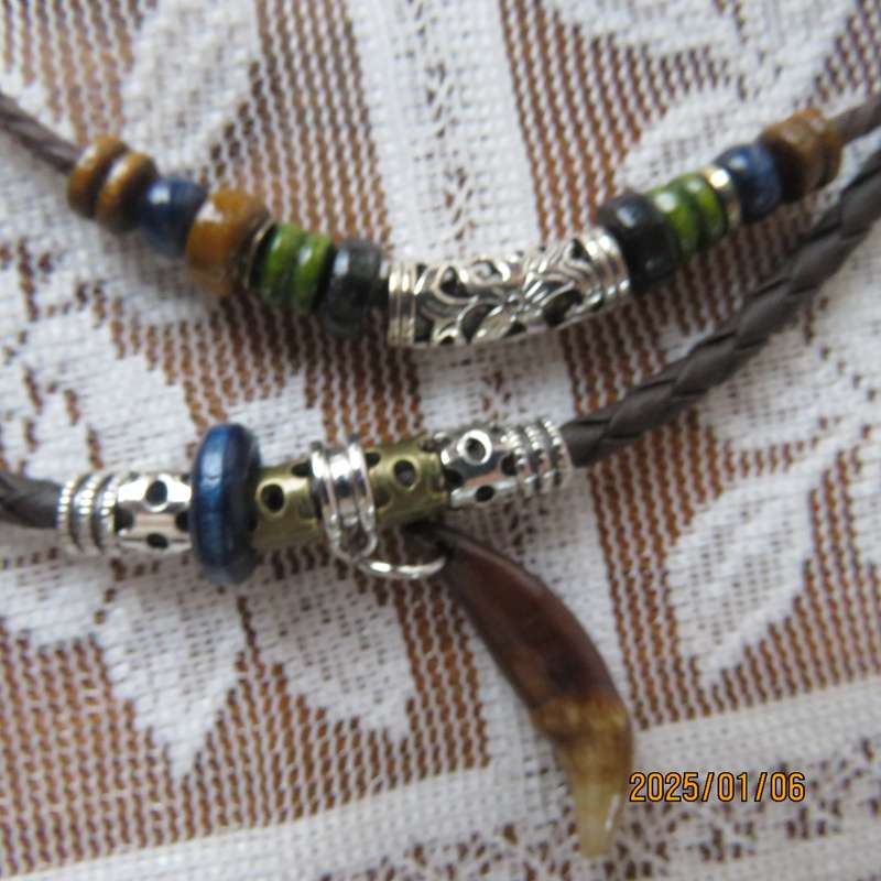 Stunning Men's ethnic necklace with double string -tooth-beads and other decoration. Adjustable. New