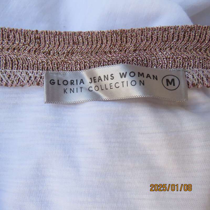 GLORA JEANS capped raglan sleeve white polyamide-viscose top with pink-gold knit.Size 34-36. As new.