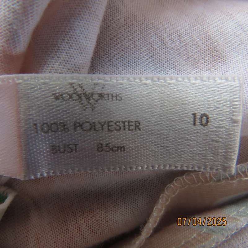 WOOLWORTHS oatmeal colour V front button down top. With peach-lilac flowers. Size 34
