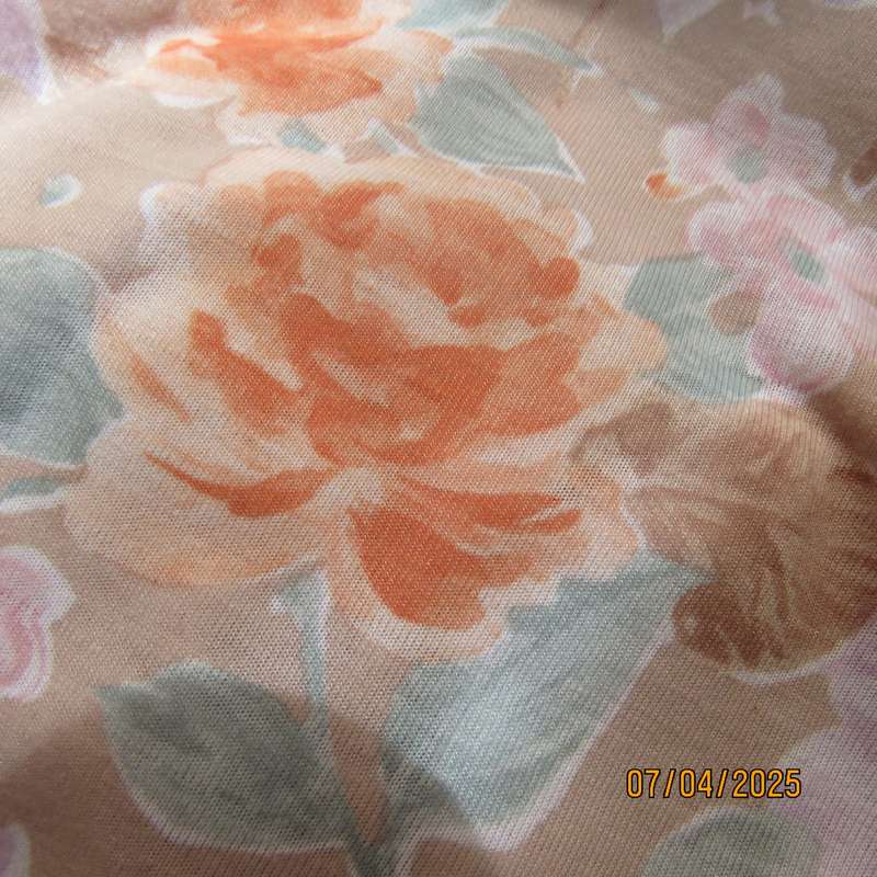 WOOLWORTHS oatmeal colour V front button down top. With peach-lilac flowers. Size 34
