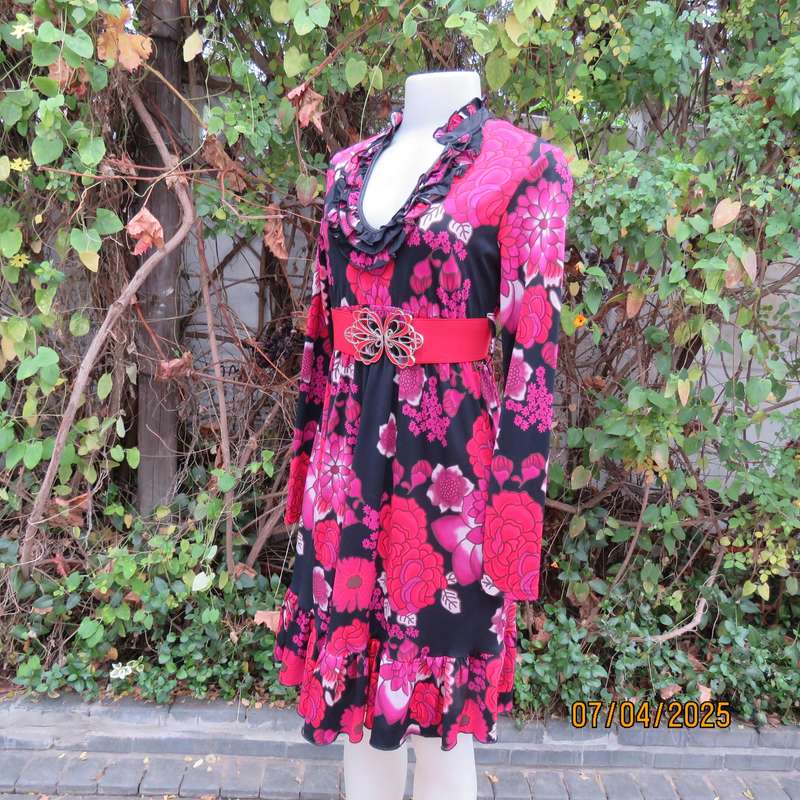 OASIS black stretch polyester with red-lilac floral print slip over long sleeve dress. Size 33