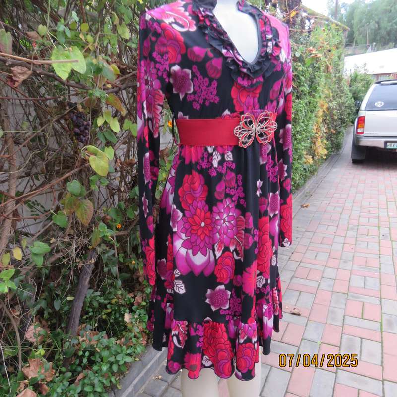 OASIS black stretch polyester with red-lilac floral print slip over long sleeve dress. Size 33