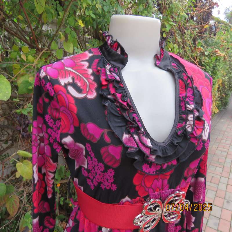 OASIS black stretch polyester with red-lilac floral print slip over long sleeve dress. Size 33