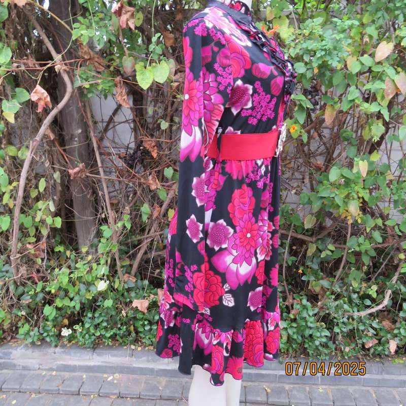 OASIS black stretch polyester with red-lilac floral print slip over long sleeve dress. Size 33