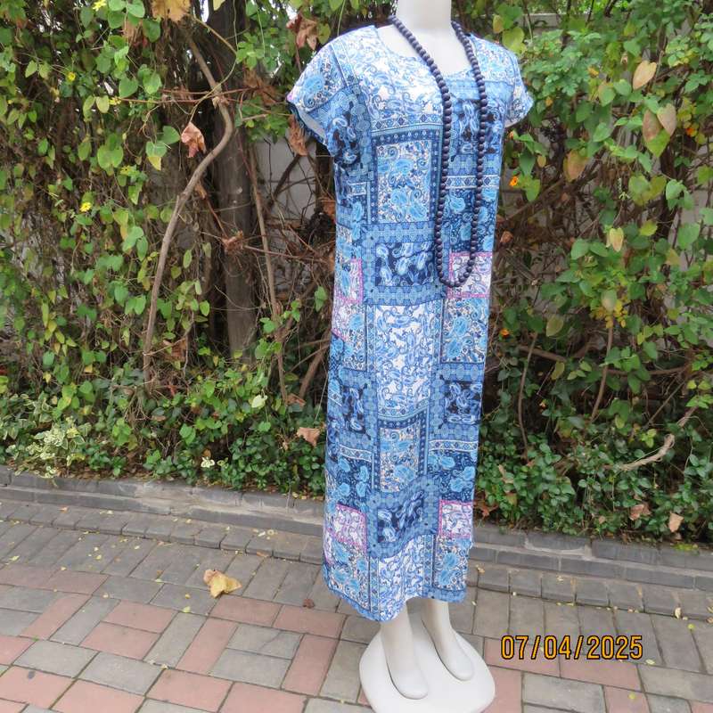 Maxi summer polyester stretch slip over dress. Size 36. Blue shades paisley blocks. Pink accents