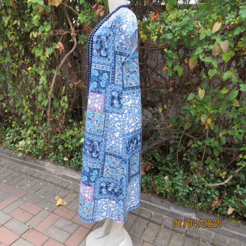 Maxi summer polyester stretch slip over dress. Size 36. Blue shades paisley blocks. Pink accents