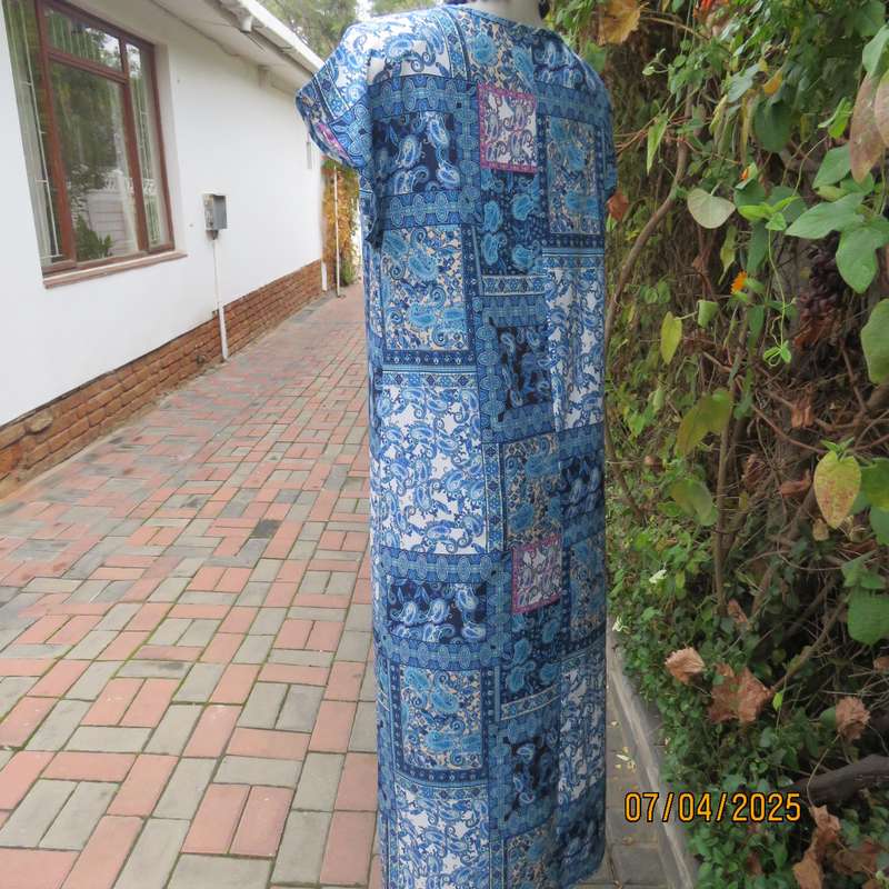 Maxi summer polyester stretch slip over dress. Size 36. Blue shades paisley blocks. Pink accents
