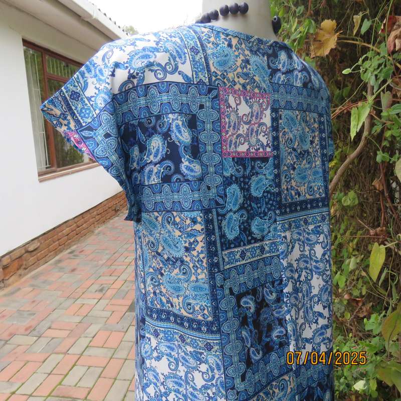 Maxi summer polyester stretch slip over dress. Size 36. Blue shades paisley blocks. Pink accents
