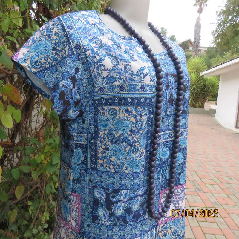 Maxi summer polyester stretch slip over dress. Size 36. Blue shades paisley blocks. Pink accents
