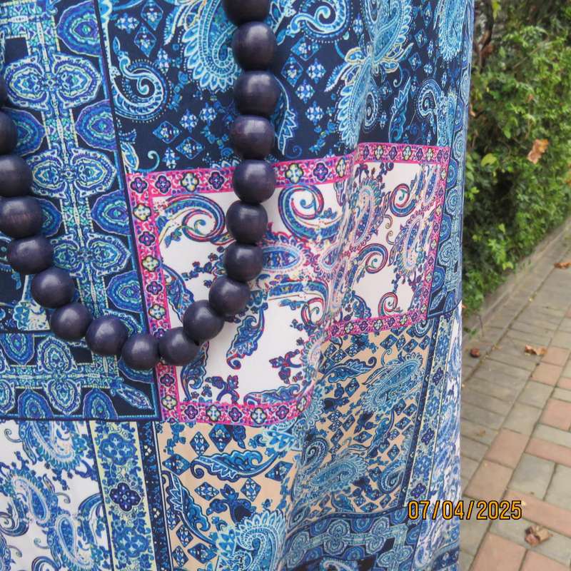 Maxi summer polyester stretch slip over dress. Size 36. Blue shades paisley blocks. Pink accents