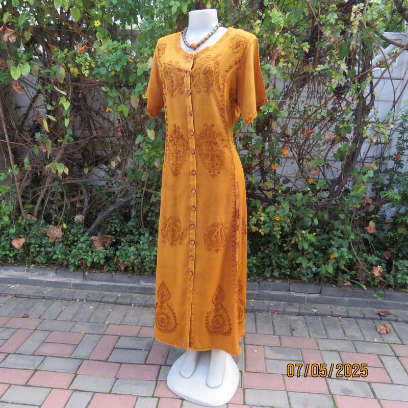 Ochre ankle length button down short sleeve embroidered viscose dress from India. Size 38-40