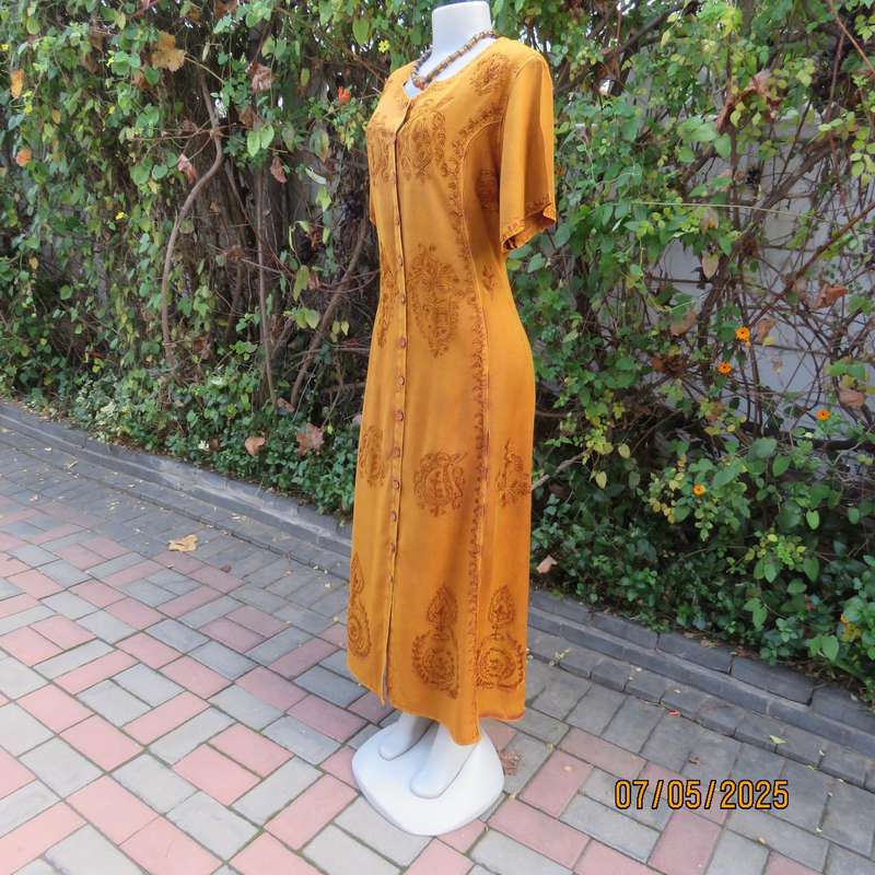 Ochre ankle length button down short sleeve embroidered viscose dress from India. Size 38-40