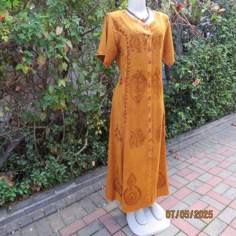 Ochre ankle length button down short sleeve embroidered viscose dress from India. Size 38-40