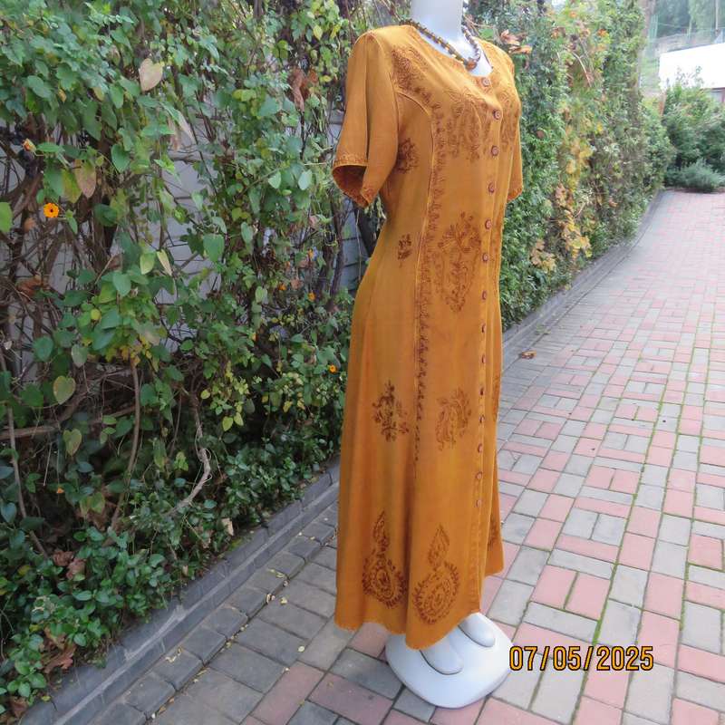 Ochre ankle length button down short sleeve embroidered viscose dress from India. Size 38-40