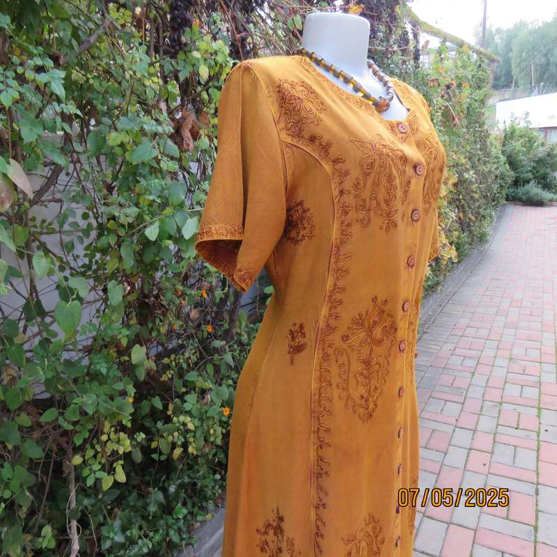 Ochre ankle length button down short sleeve embroidered viscose dress from India. Size 38-40