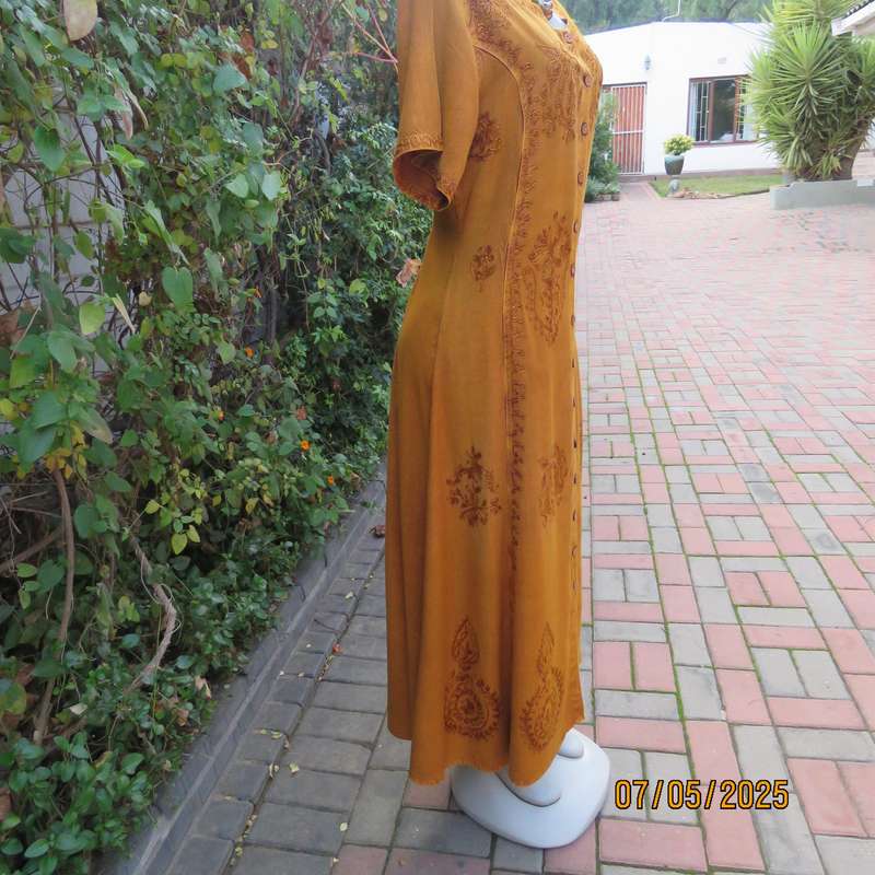 Ochre ankle length button down short sleeve embroidered viscose dress from India. Size 38-40