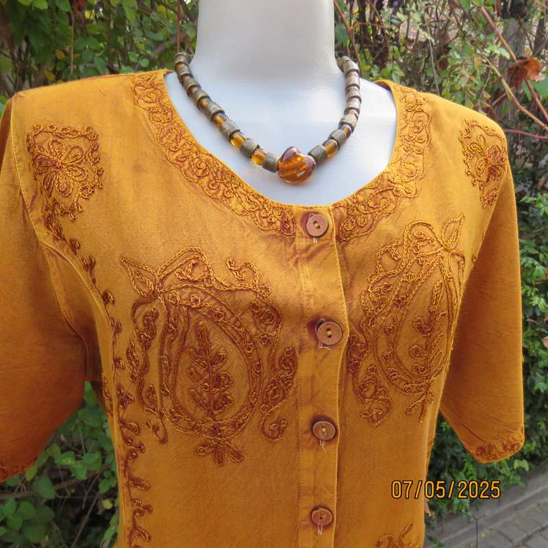 Ochre ankle length button down short sleeve embroidered viscose dress from India. Size 38-40