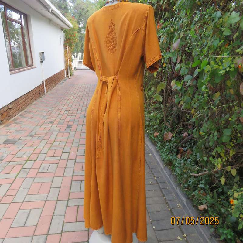 Ochre ankle length button down short sleeve embroidered viscose dress from India. Size 38-40