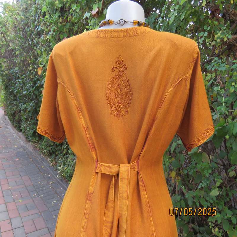 Ochre ankle length button down short sleeve embroidered viscose dress from India. Size 38-40