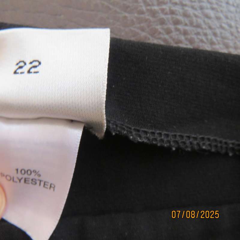 DONNA CLAIRE very black smart polyester pants. Size 44+.Velvet front strip.