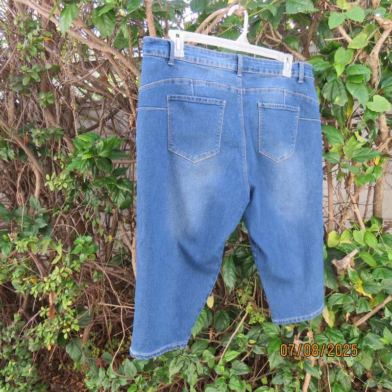 WONDER fit blue denim slim leg cropped jeans size 44. Pink embroidery at sides.