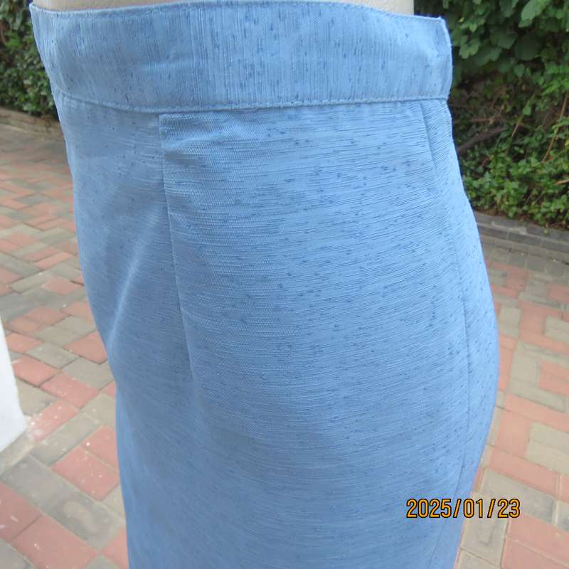 Boutique made 2 pc steel blue textured satin fully lined skirt suit. With embellished collar.Size 42