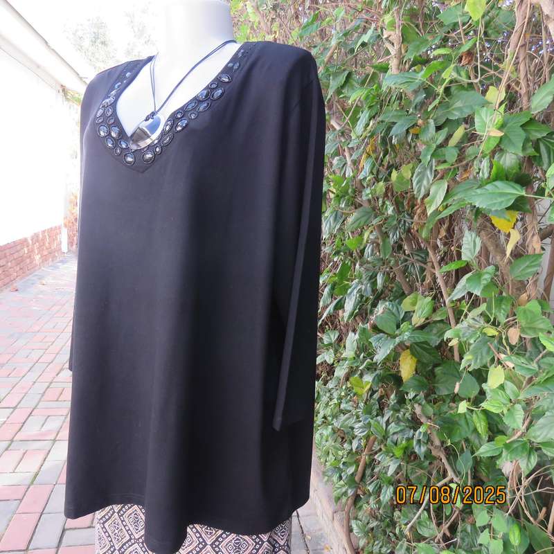 QUEENSPARK very black slip over long sleeve size 50 stretch viscose top. Black embellishment