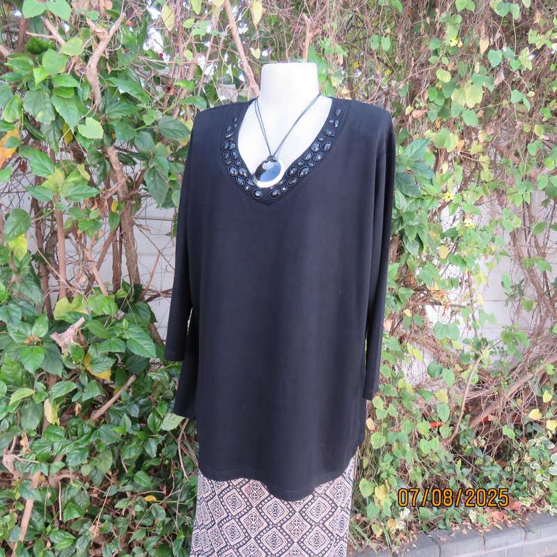 QUEENSPARK very black slip over long sleeve size 50 stretch viscose top. Black embellishment