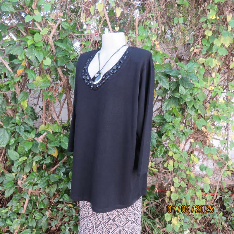QUEENSPARK very black slip over long sleeve size 50 stretch viscose top. Black embellishment