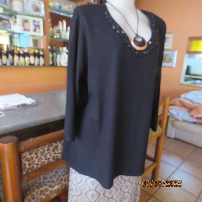QUEENSPARK very black slip over long sleeve size 50 stretch viscose top. Black embellishment